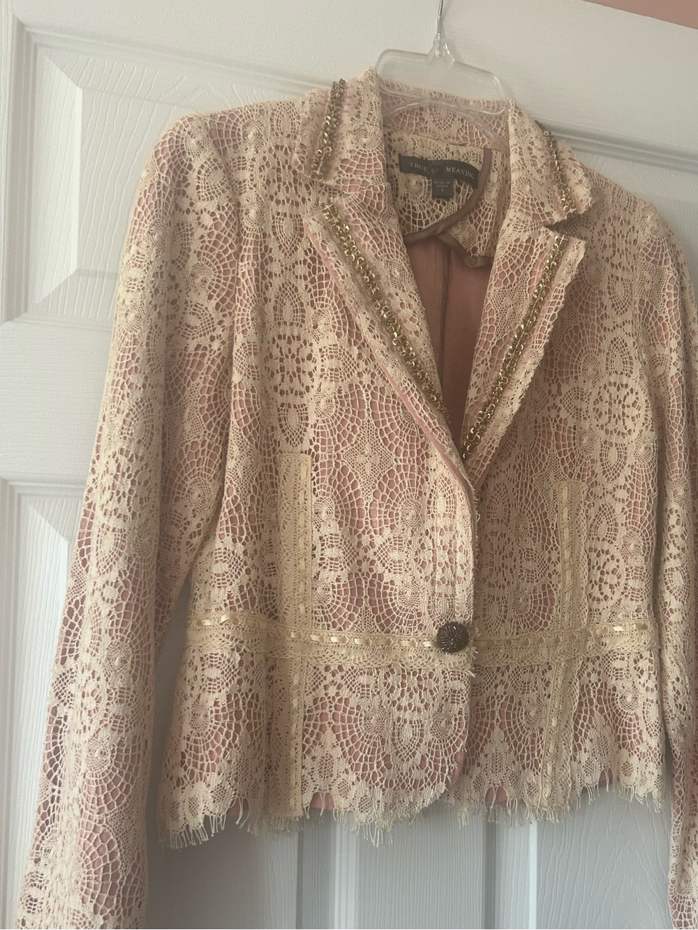 True Meaning Pink Lace Blazer with Gold Trim